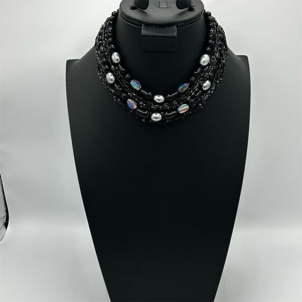 Vintage Multi-Strand Black Beaded Necklace Silver and Iridescent Beads